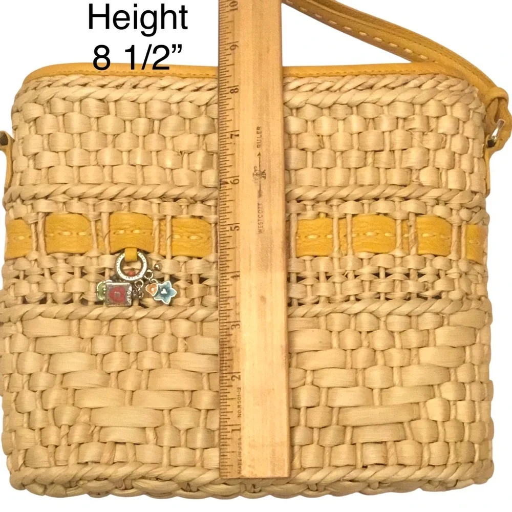 Brighton Carmella Straw Crossbody Yellow Leather Trim Medium Bucket Shoulder Bag